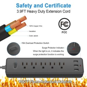 US Standard Surge Protector Power Strip | Wide Spaced Outlets with 3 USB-A + Type-C Port, Heavy Duty Extension Cord
