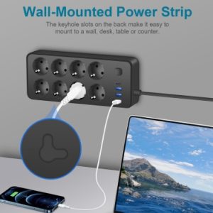 12-in-1 EU Standard Power Strip Surge Protector | 8 European AC Outlets + 3 USB-A + 1 Type-C Port, Wall Mountable Extension Cord