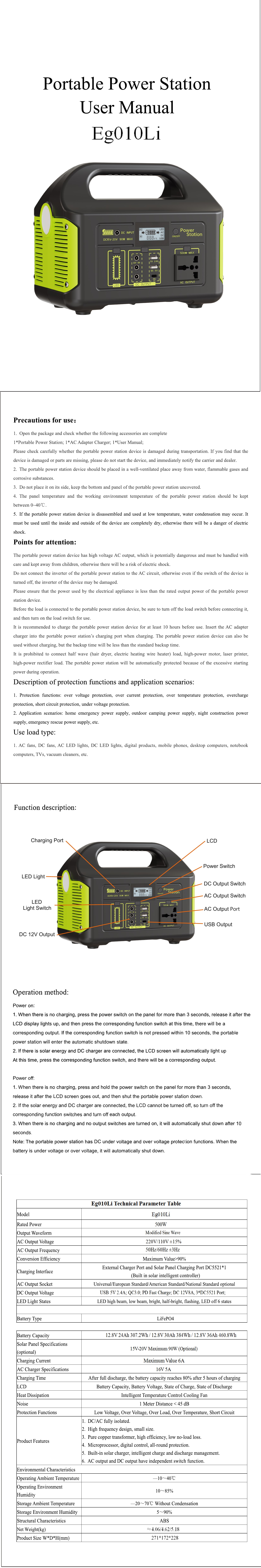 Eg010Li 500W Portable Power Station - full product user manual